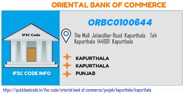 Oriental Bank of Commerce Kapurthala ORBC0100644 IFSC Code