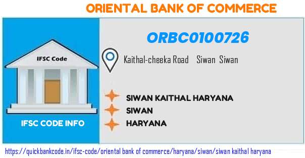 Oriental Bank of Commerce Siwan Kaithal Haryana ORBC0100726 IFSC Code