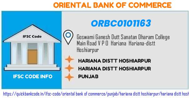 Oriental Bank of Commerce Hariana Distt Hoshiarpur ORBC0101163 IFSC Code