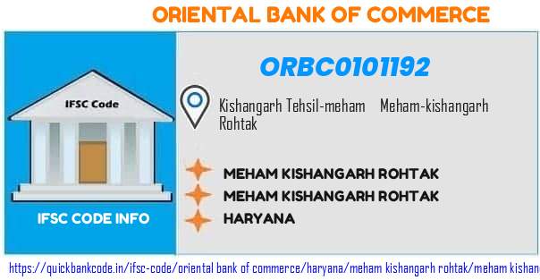Oriental Bank of Commerce Meham Kishangarh Rohtak ORBC0101192 IFSC Code