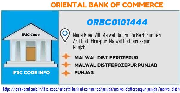 Oriental Bank of Commerce Malwal Dist Ferozepur ORBC0101444 IFSC Code