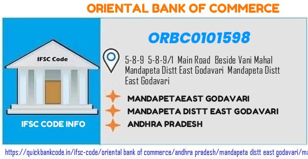 Oriental Bank of Commerce Mandapetaeast Godavari ORBC0101598 IFSC Code