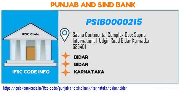 Punjab And Sind Bank Bidar PSIB0000215 IFSC Code