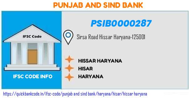 Punjab And Sind Bank Hissar Haryana PSIB0000287 IFSC Code