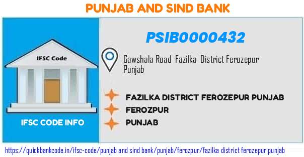 Punjab And Sind Bank Fazilka District Ferozepur Punjab PSIB0000432 IFSC Code