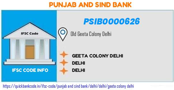 Punjab And Sind Bank Geeta Colony Delhi PSIB0000626 IFSC Code