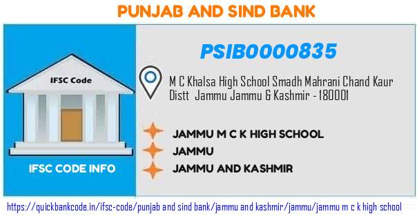 Punjab And Sind Bank Jammu M C K High School PSIB0000835 IFSC Code