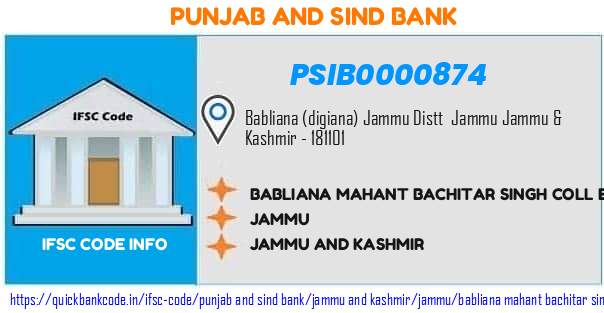 Punjab And Sind Bank Babliana Mahant Bachitar Singh Coll Eng  PSIB0000874 IFSC Code