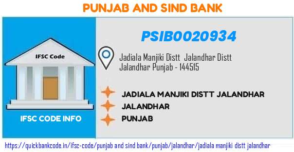 Punjab And Sind Bank Jadiala Manjiki Distt Jalandhar PSIB0020934 IFSC Code