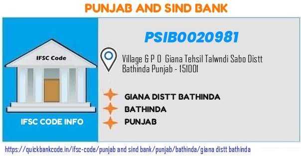 Punjab And Sind Bank Giana Distt Bathinda PSIB0020981 IFSC Code