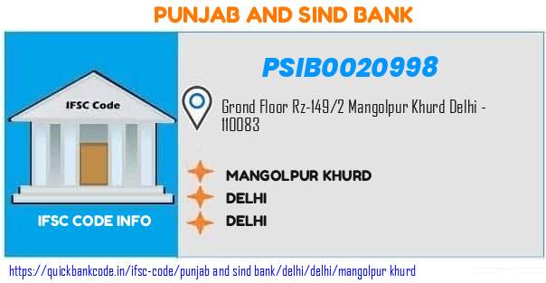 Punjab And Sind Bank Mangolpur Khurd PSIB0020998 IFSC Code