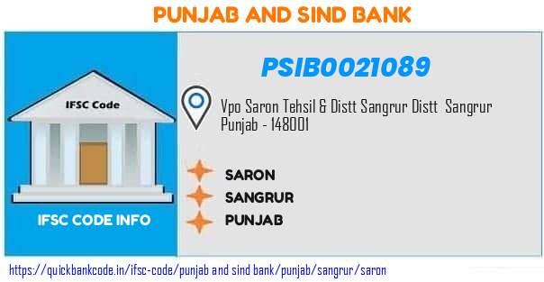 Punjab And Sind Bank Saron PSIB0021089 IFSC Code