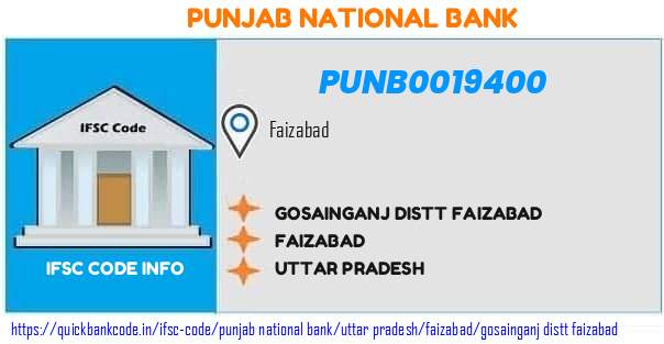 Punjab National Bank Gosainganj Distt Faizabad PUNB0019400 IFSC Code