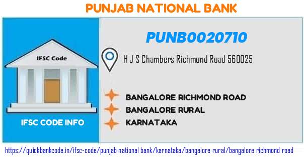 Punjab National Bank Bangalore Richmond Road PUNB0020710 IFSC Code