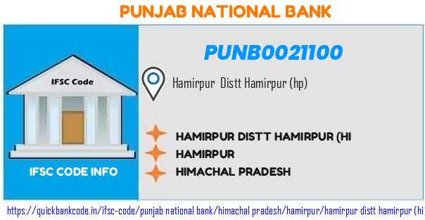 Punjab National Bank Hamirpur Distt Hamirpur hi PUNB0021100 IFSC Code
