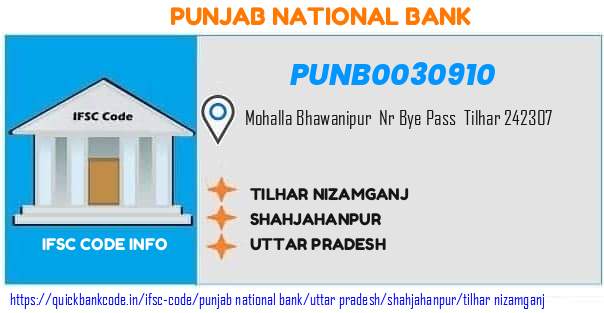 Punjab National Bank Tilhar Nizamganj PUNB0030910 IFSC Code