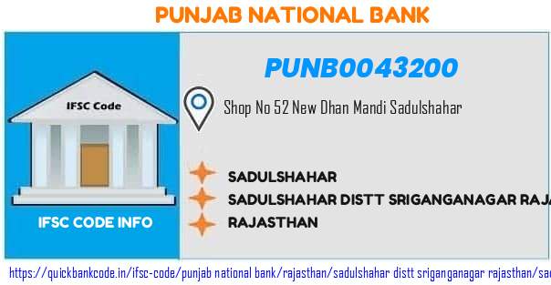 Punjab National Bank Sadulshahar PUNB0043200 IFSC Code