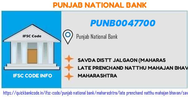 Punjab National Bank Savda Distt Jalgaon maharas PUNB0047700 IFSC Code