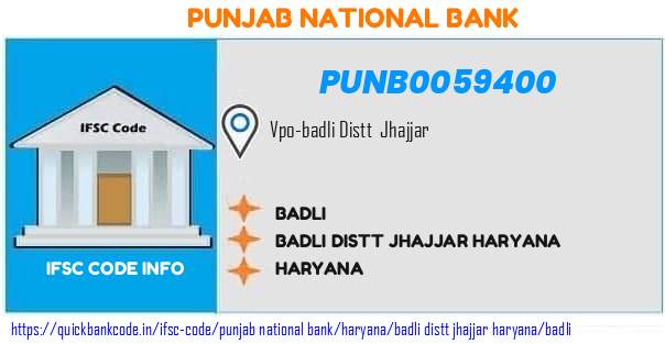 Punjab National Bank Badli PUNB0059400 IFSC Code
