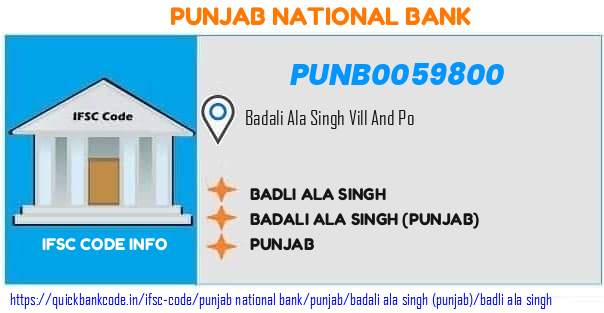 Punjab National Bank Badli Ala Singh PUNB0059800 IFSC Code