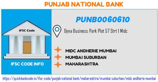 Punjab National Bank Midc Andherie Mumbai PUNB0060610 IFSC Code