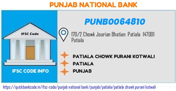 Punjab National Bank Patiala Chowk Purani Kotwali PUNB0064810 IFSC Code