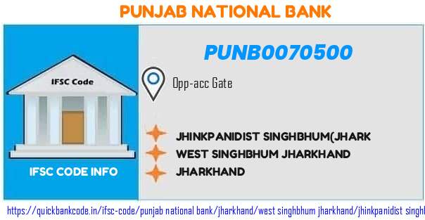 Punjab National Bank Jhinkpanidist Singhbhumjhark PUNB0070500 IFSC Code