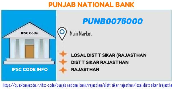 Punjab National Bank Losal Distt Sikar rajasthan PUNB0076000 IFSC Code