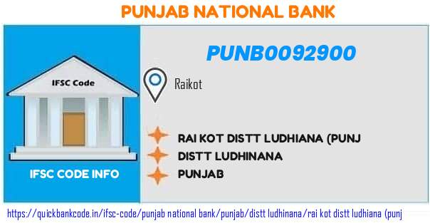 Punjab National Bank Rai Kot Distt Ludhiana punj PUNB0092900 IFSC Code