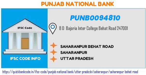 Punjab National Bank Saharanpur Behat Road PUNB0094810 IFSC Code