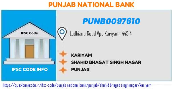 Punjab National Bank Kariyam PUNB0097610 IFSC Code