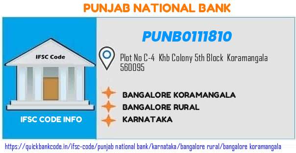 Punjab National Bank Bangalore Koramangala PUNB0111810 IFSC Code