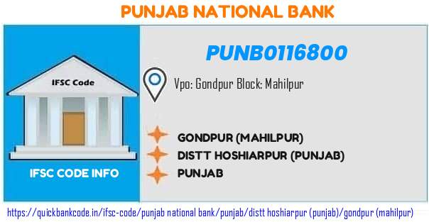 Punjab National Bank Gondpur mahilpur PUNB0116800 IFSC Code