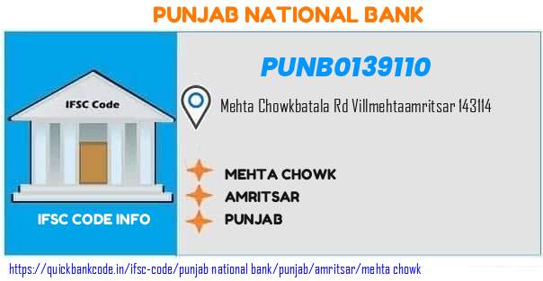 Punjab National Bank Mehta Chowk PUNB0139110 IFSC Code