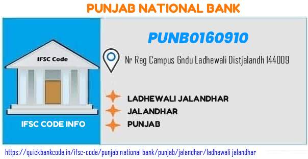 Punjab National Bank Ladhewali Jalandhar PUNB0160910 IFSC Code
