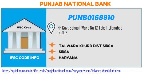 Punjab National Bank Talwara Khurd Dist Sirsa PUNB0168910 IFSC Code