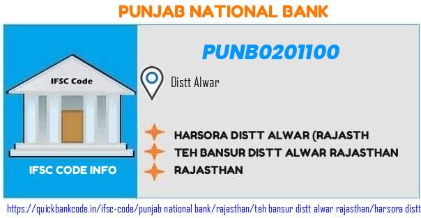 Punjab National Bank Harsora Distt Alwar rajasth PUNB0201100 IFSC Code