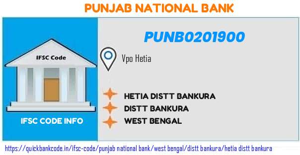 Punjab National Bank Hetia Distt Bankura PUNB0201900 IFSC Code