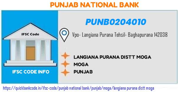 Punjab National Bank Langiana Purana Distt Moga PUNB0204010 IFSC Code