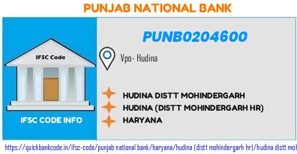 Punjab National Bank Hudina Distt Mohindergarh PUNB0204600 IFSC Code