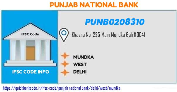 Punjab National Bank Mundka PUNB0208310 IFSC Code