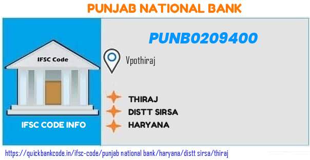 Punjab National Bank Thiraj PUNB0209400 IFSC Code