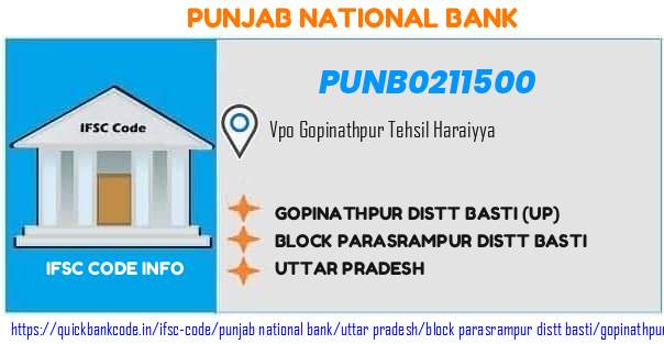 Punjab National Bank Gopinathpur Distt Basti up PUNB0211500 IFSC Code