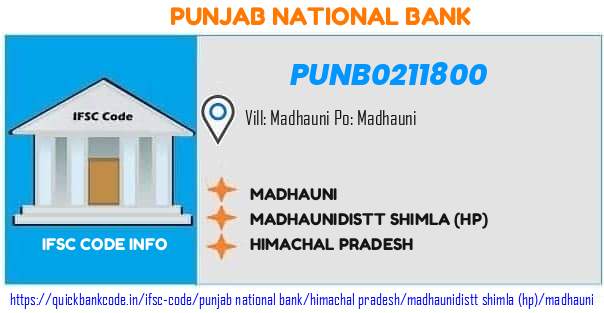 Punjab National Bank Madhauni PUNB0211800 IFSC Code