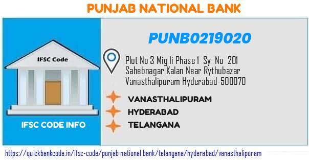 Punjab National Bank Vanasthalipuram PUNB0219020 IFSC Code