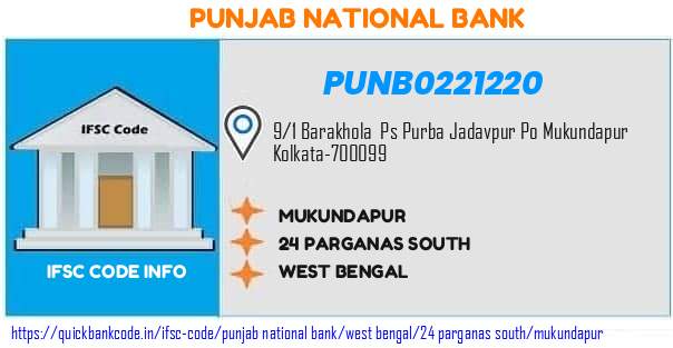 Punjab National Bank Mukundapur PUNB0221220 IFSC Code