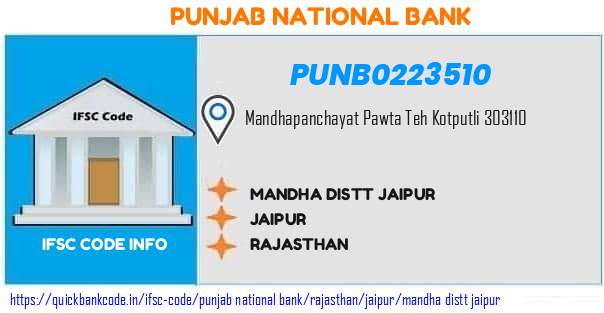 Punjab National Bank Mandha Distt Jaipur PUNB0223510 IFSC Code