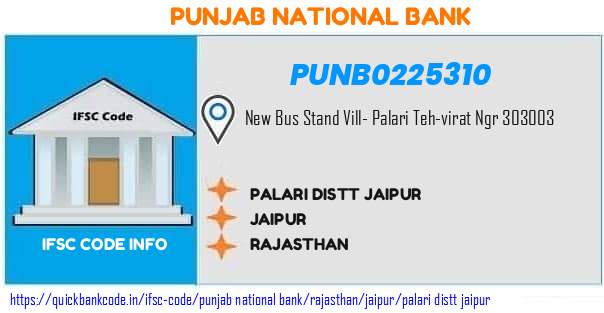 Punjab National Bank Palari Distt Jaipur PUNB0225310 IFSC Code