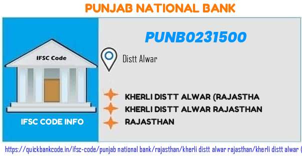 Punjab National Bank Kherli Distt Alwar rajastha PUNB0231500 IFSC Code