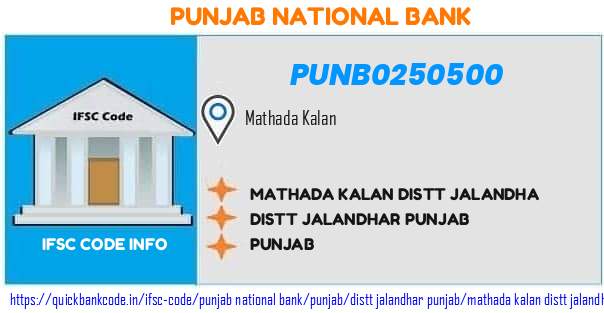 Punjab National Bank Mathada Kalan Distt Jalandha PUNB0250500 IFSC Code